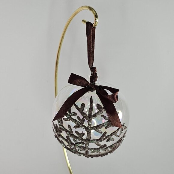 Set Of 4 Dillards Trimmings Glass Christmas Ornaments Glitter Tree Brown Ribbon - Picture 6 of 8
